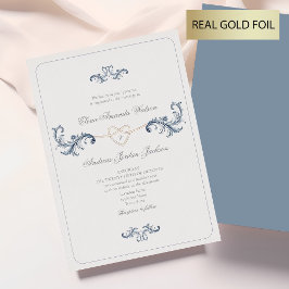 Invitación Con Relieve Metalizado Boda Clásica de Oro y Azul Polvoriento