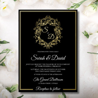 Invitación Con Relieve Metalizado Boda clásica elegante de lujo en negro y dorado