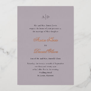 Invitación Con Relieve Metalizado Boda Clásica Lila Polvorienta