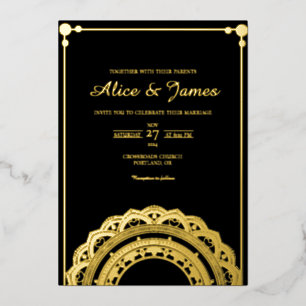 Invitación Con Relieve Metalizado Boda Clásica Mandala Inferior Negro Hoja de Oro