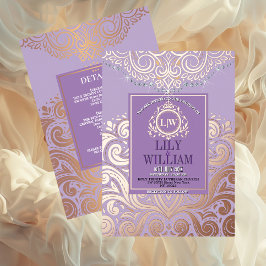 Invitación Con Relieve Metalizado Boda Clásica Monograma Rosa Lavanda Polvoriento Do