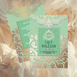 Invitación Con Relieve Metalizado Boda Clásica Monograma Verde Sage Polvoriento Rose