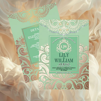 Invitación Con Relieve Metalizado Boda Clásica Monograma Verde Sage Polvoriento Rose