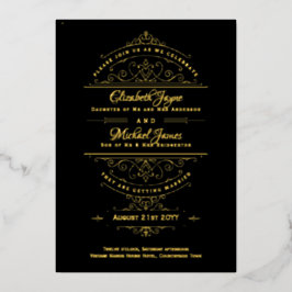 Invitación Con Relieve Metalizado Boda Clásica Ornata de Negro con HOJA DE ORO Vinta