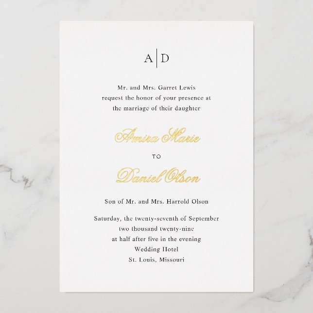 Invitación Con Relieve Metalizado Boda clásico blanco y negro limpio (Anverso)