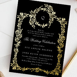 Invitación Con Relieve Metalizado Boda clásico de Escudo negro monograma dorado