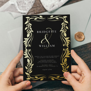Invitación Con Relieve Metalizado Boda clásico de verde negro y oro