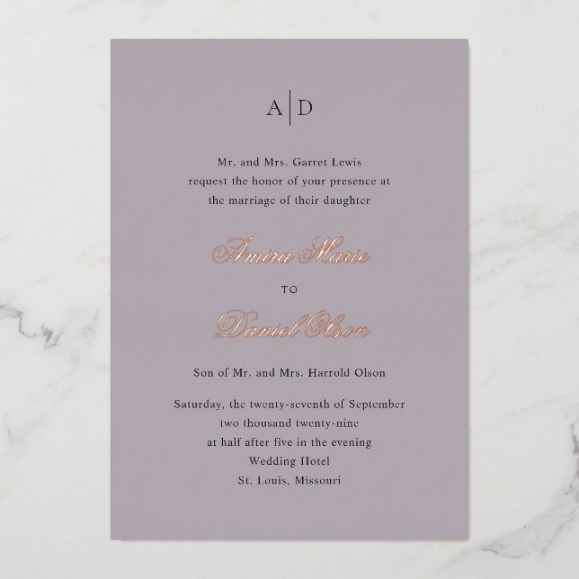 Invitación Con Relieve Metalizado Boda Clásico Dusty Limpio Lilac (Anverso)