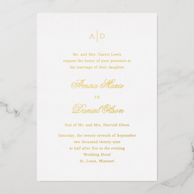 Invitación Con Relieve Metalizado Boda clásico limpio (Anverso)