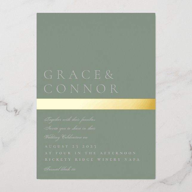 Invitación Con Relieve Metalizado Boda clásico moderno Sage Green Gold Stripe (Anverso)