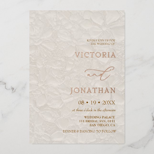 Invitación Con Relieve Metalizado Boda Classic Cream Ivory (Anverso)