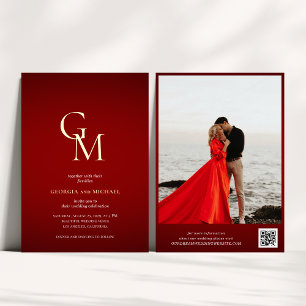 Invitación Con Relieve Metalizado Boda Código QR Foto Rojo Carmesí Monograma Dorado
