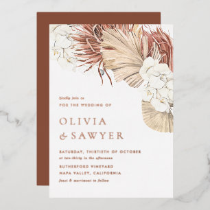 Invitación Con Relieve Metalizado Boda Código QR Orquídeas Blancas Boho y Palma Seca