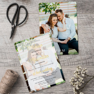 Invitación Con Relieve Metalizado Boda con 2 fotos de escritura moderna en oro
