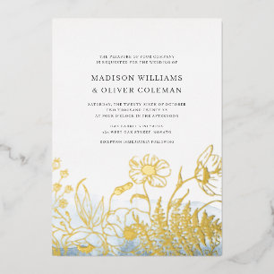Invitación Con Relieve Metalizado Boda con Acuarela Azul y Ramo de Flores Silvestres
