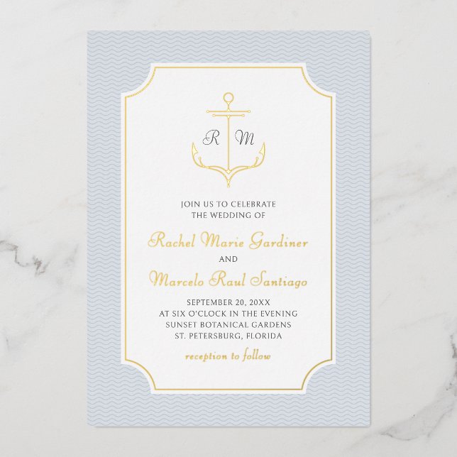 Invitación Con Relieve Metalizado Boda con Ancla Náutica (Anverso)