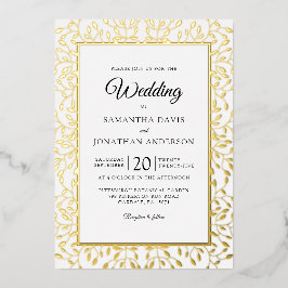 Invitación Con Relieve Metalizado Boda con borde de oro de viña frondosa