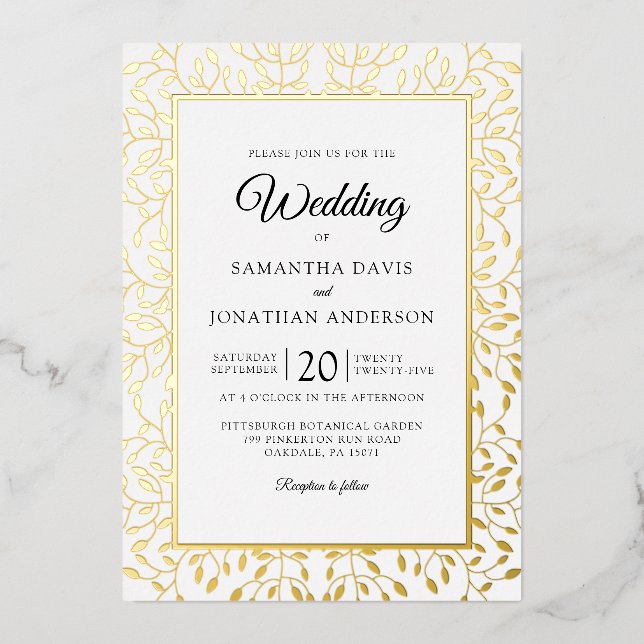 Invitación Con Relieve Metalizado Boda con borde de oro de viña frondosa (Anverso)
