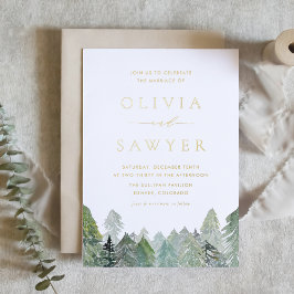 Invitación Con Relieve Metalizado Boda con código QR de bosque de hoja perenne de in
