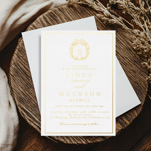 Invitación Con Relieve Metalizado Boda con cresta botánica monograma de oro y negro