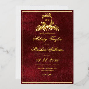 Invitación Con Relieve Metalizado Boda con cresta de caligrafía real de Borgoña y or