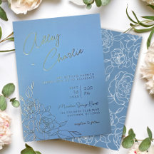 Boda con Dibujo de Línea Botánica Azul Polvoriento