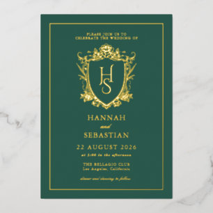 Invitación Con Relieve Metalizado Boda con Escudo Vintage de Dinero Antiguo Verde