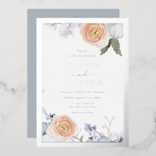Invitación Con Relieve Metalizado Boda con floral azul polvoriento y melocotón con l