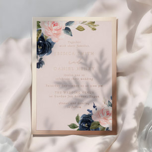 Invitación Con Relieve Metalizado Boda con flores de acuarela azul marino y rubor en