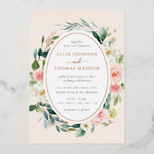 Invitación Con Relieve Metalizado Boda con Flores de Follaje Rosado en Rosa Dorado