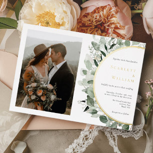 Invitación Con Relieve Metalizado Boda con foto horizontal de eucalipto dorado con p