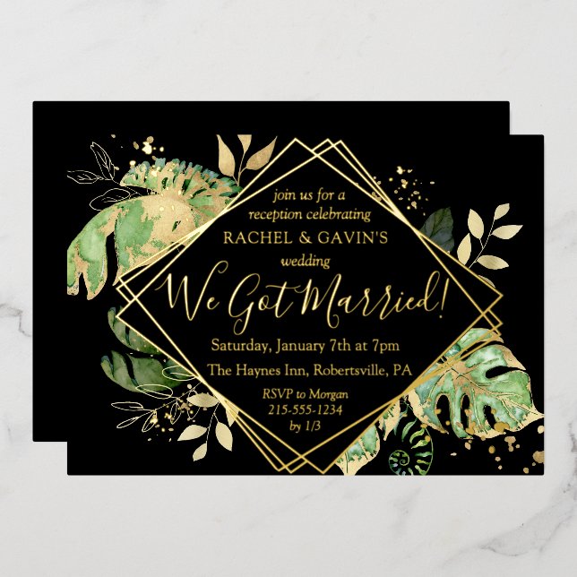 Invitación Con Relieve Metalizado Boda con fuga tropical Recepción de boda negro y d (Anverso/Reverso)