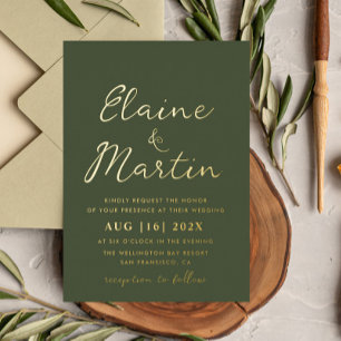 Invitación Con Relieve Metalizado boda con guión de oro verde oliva