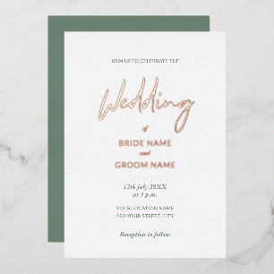 Invitación Con Relieve Metalizado Boda con guion verde salvia minimalista