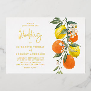 Invitación Con Relieve Metalizado Boda con guirnalda de limones y naranjas botánicos