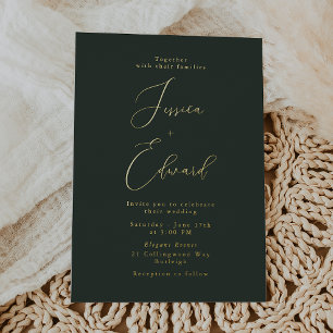 Invitación Con Relieve Metalizado Boda con hoja de oro y verde melancólico