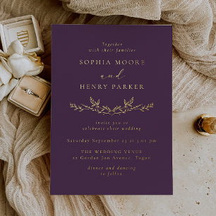 Invitación Con Relieve Metalizado Boda con hojas de color púrpura y dorado