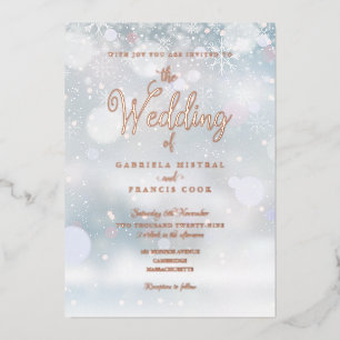 Invitación Con Relieve Metalizado Boda con letra elegante de copos de nieve de invie