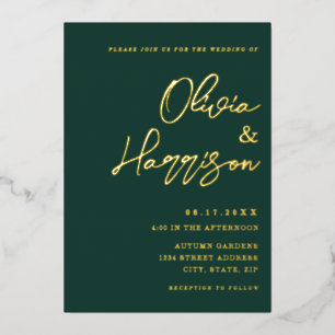 Invitación Con Relieve Metalizado Boda con letra elegante esmeralda verde