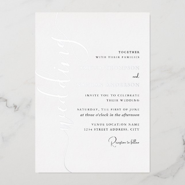 Invitación Con Relieve Metalizado Boda con letra script plateada moderna  (Anverso)