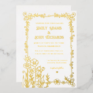 Invitación Con Relieve Metalizado Boda con mano floral dorada y blanca
