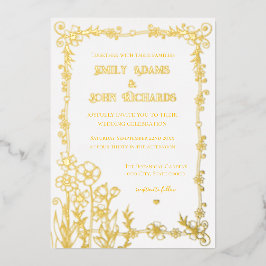 Invitación Con Relieve Metalizado Boda con mano floral dorada y blanca