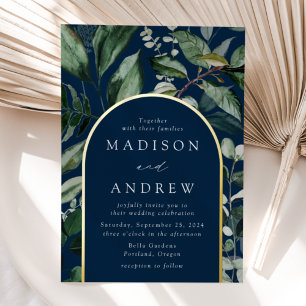 Invitación Con Relieve Metalizado Boda con marco de arco naval de abundante vegetaci