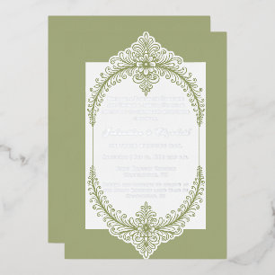 Invitación Con Relieve Metalizado Boda con marco de floritura francesa en verde oliv