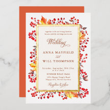Boda con marco de hojas rojas elegantes de otoño y