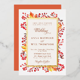 Invitación Con Relieve Metalizado Boda con marco de hojas rojas elegantes de otoño y