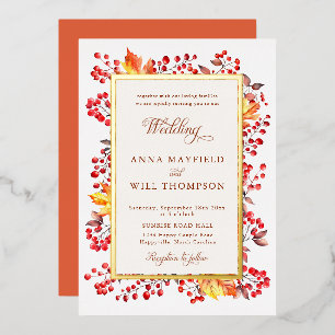 Invitación Con Relieve Metalizado Boda con marco de hojas rojas elegantes de otoño y