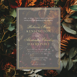 Invitación Con Relieve Metalizado Boda con marco de oro y caligrafía floral oscura y