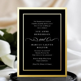 Invitación Con Relieve Metalizado Boda con Marco Dorado de Caligrafía Corbata Negra 