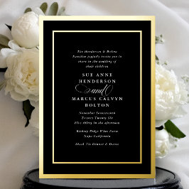 Invitación Con Relieve Metalizado Boda con Marco Dorado de Caligrafía de Corbata Neg